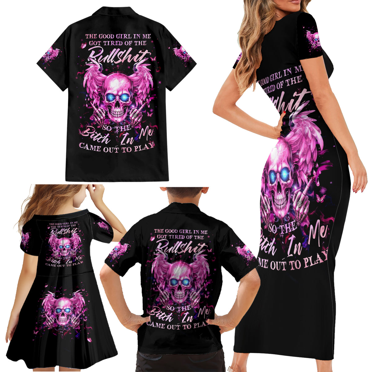 Angel Skull Family Matching Short Sleeve Bodycon Dress and Hawaiian Shirt The Good Girl In Me Got Tired Of The Bullshit - Wonder Print Shop