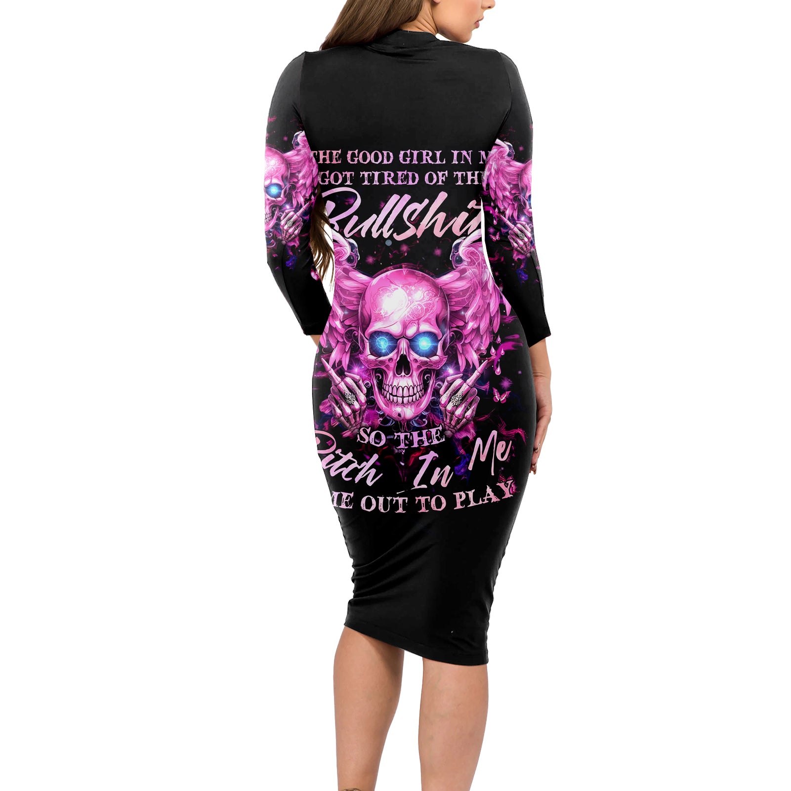 Angel Skull Long Sleeve Bodycon Dress The Good Girl In Me Got Tired Of The Bullshit - Wonder Print Shop