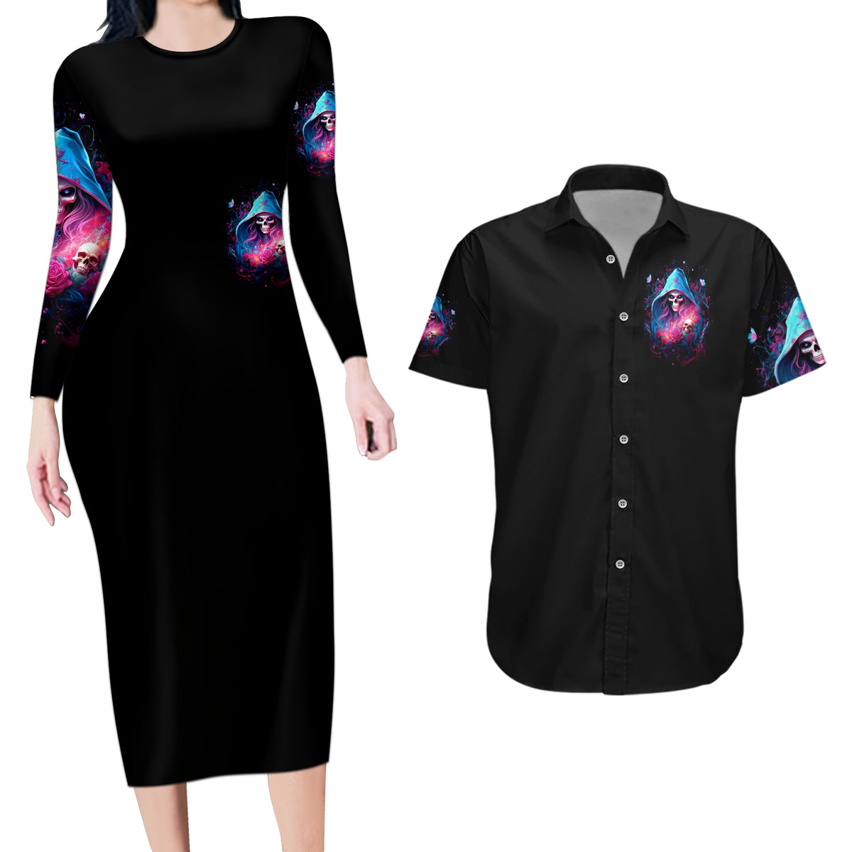 Witch Skull Couples Matching Long Sleeve Bodycon Dress and Hawaiian Shirt Assuming Was Like Most Girls Was Your First Mistake - Wonder Print Shop