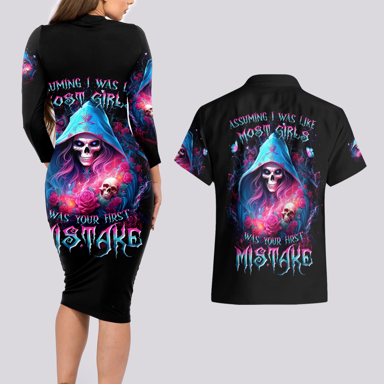 Witch Skull Couples Matching Long Sleeve Bodycon Dress and Hawaiian Shirt Assuming Was Like Most Girls Was Your First Mistake - Wonder Print Shop