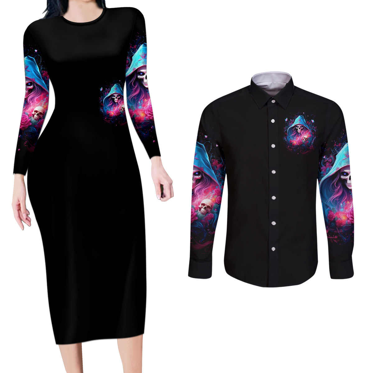 Witch Skull Couples Matching Long Sleeve Bodycon Dress and Long Sleeve Button Shirt Assuming Was Like Most Girls Was Your First Mistake - Wonder Print Shop