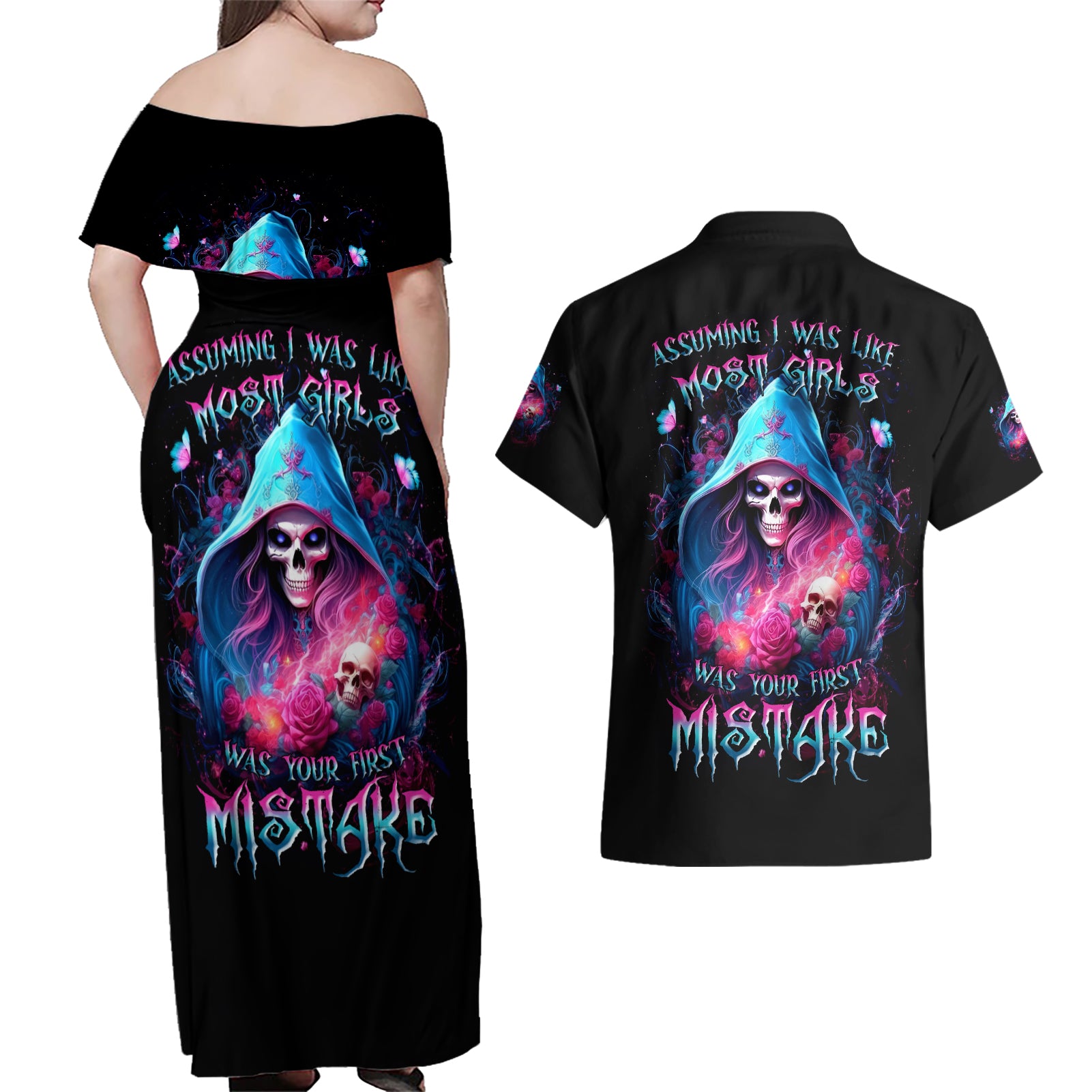 Witch Skull Couples Matching Off Shoulder Maxi Dress and Hawaiian Shirt Assuming Was Like Most Girls Was Your First Mistake - Wonder Print Shop