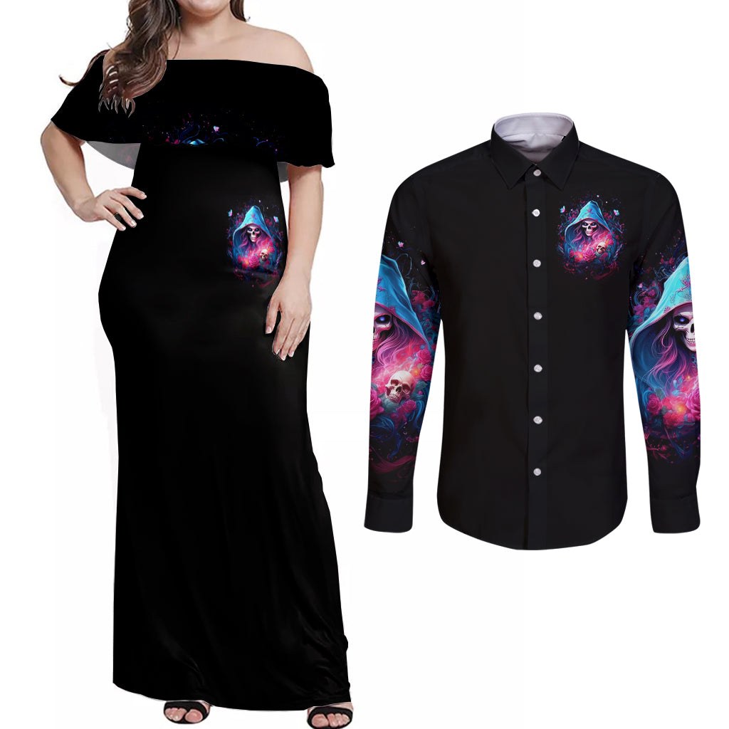 Witch Skull Couples Matching Off Shoulder Maxi Dress and Long Sleeve Button Shirt Assuming Was Like Most Girls Was Your First Mistake - Wonder Print Shop