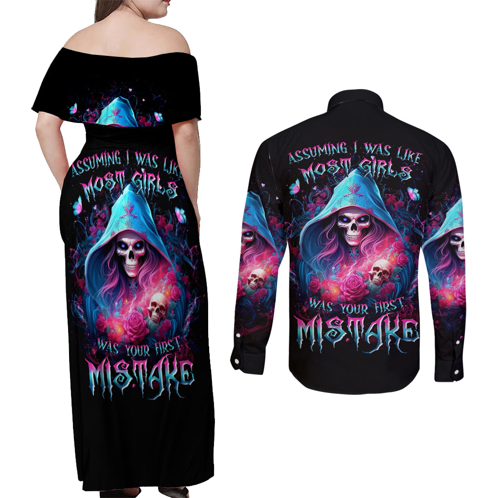 Witch Skull Couples Matching Off Shoulder Maxi Dress and Long Sleeve Button Shirt Assuming Was Like Most Girls Was Your First Mistake - Wonder Print Shop