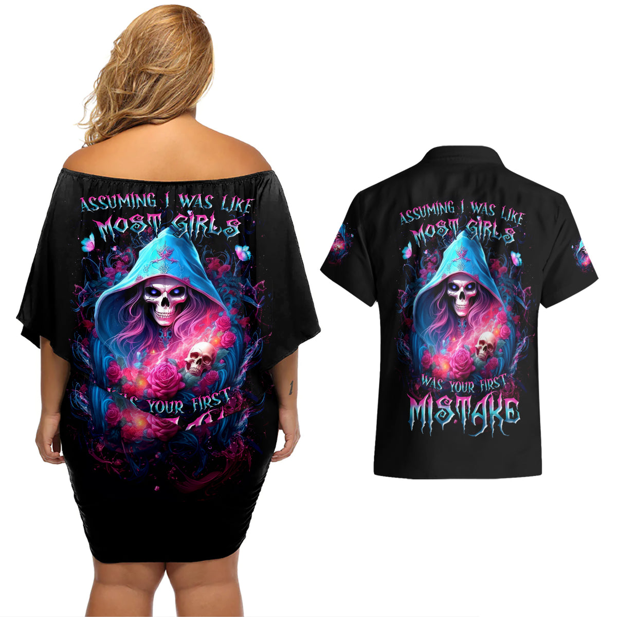 Witch Skull Couples Matching Off Shoulder Short Dress and Hawaiian Shirt Assuming Was Like Most Girls Was Your First Mistake - Wonder Print Shop