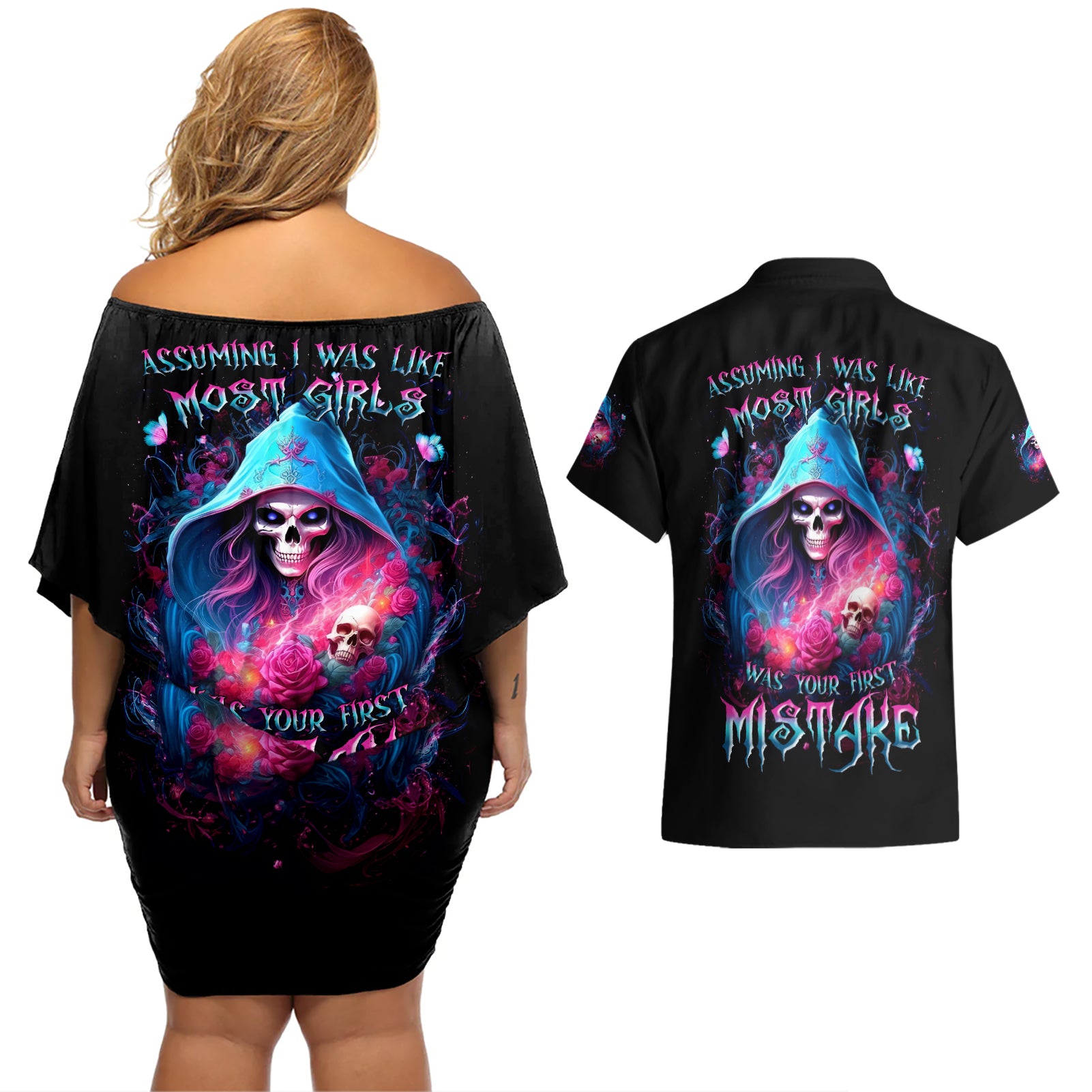 Witch Skull Couples Matching Off Shoulder Short Dress and Hawaiian Shirt Assuming Was Like Most Girls Was Your First Mistake - Wonder Print Shop