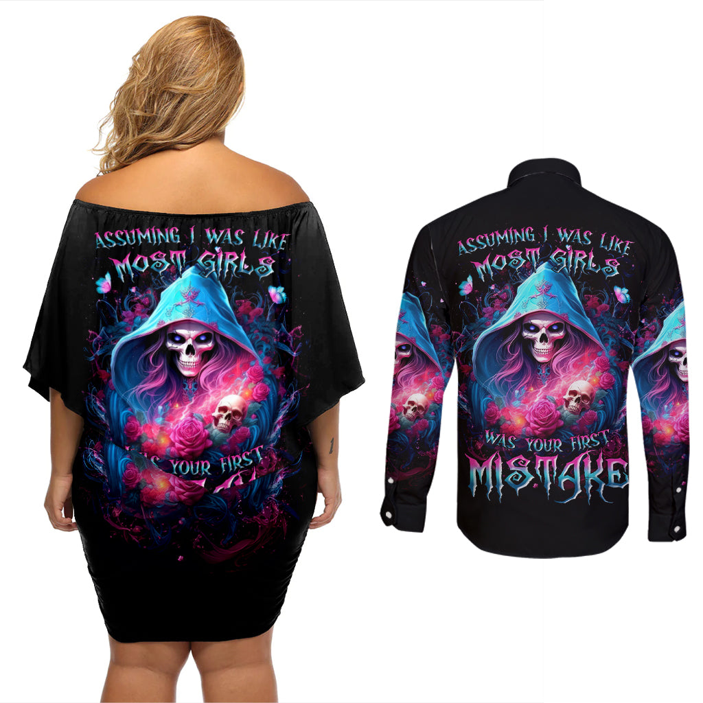 Witch Skull Couples Matching Off Shoulder Short Dress and Long Sleeve Button Shirt Assuming Was Like Most Girls Was Your First Mistake - Wonder Print Shop