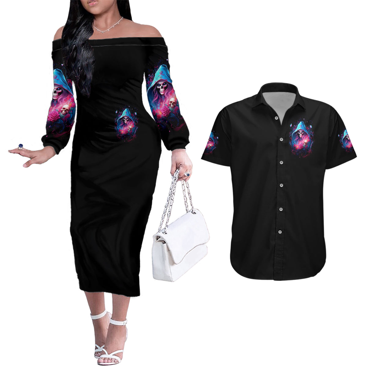 Witch Skull Couples Matching Off The Shoulder Long Sleeve Dress and Hawaiian Shirt Assuming Was Like Most Girls Was Your First Mistake - Wonder Print Shop