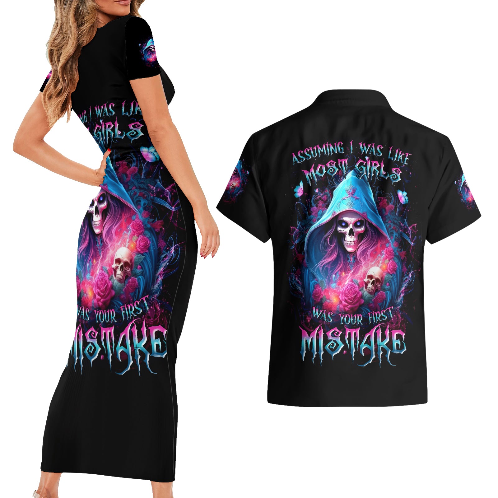 Witch Skull Couples Matching Short Sleeve Bodycon Dress and Hawaiian Shirt Assuming Was Like Most Girls Was Your First Mistake - Wonder Print Shop