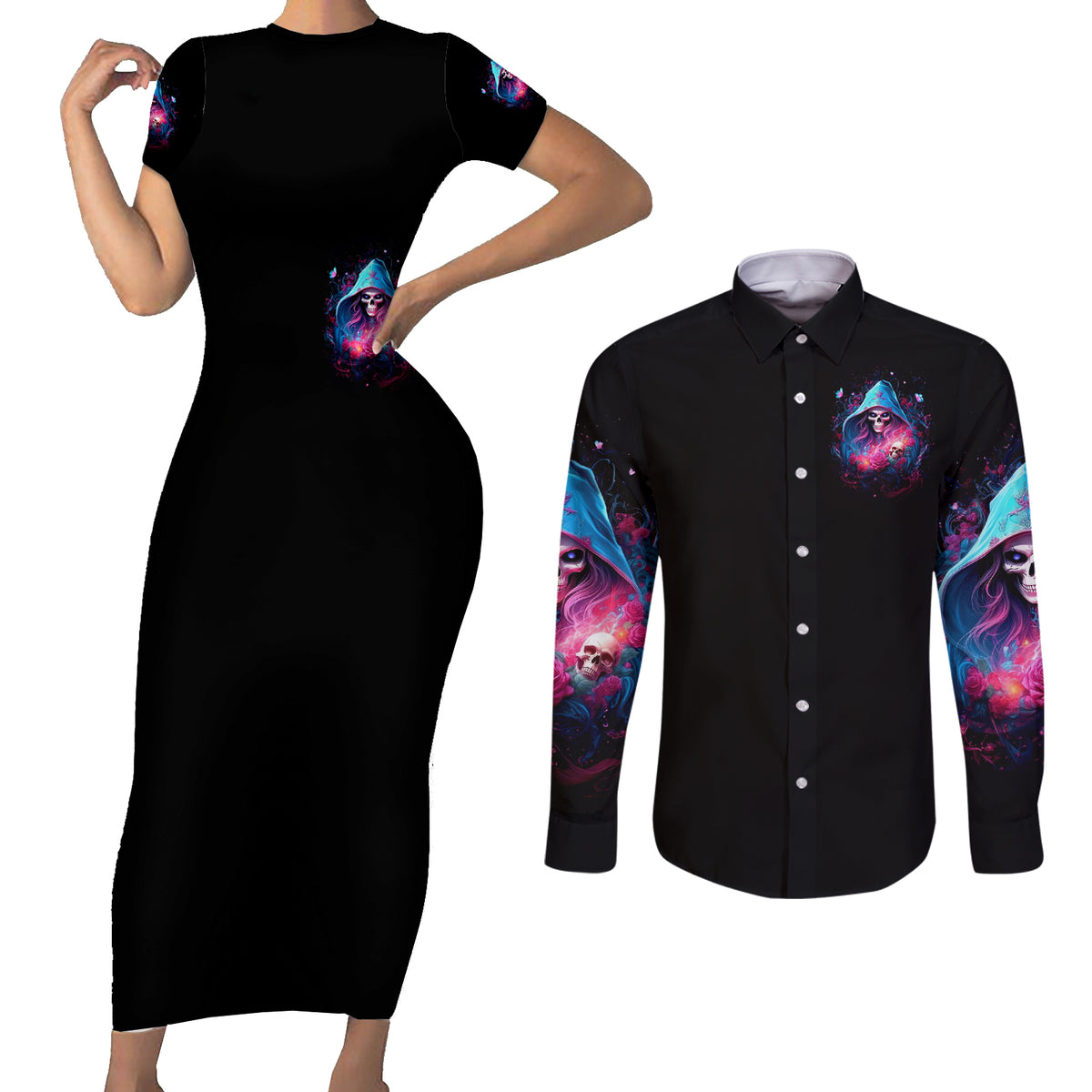 Witch Skull Couples Matching Short Sleeve Bodycon Dress and Long Sleeve Button Shirt Assuming Was Like Most Girls Was Your First Mistake - Wonder Print Shop