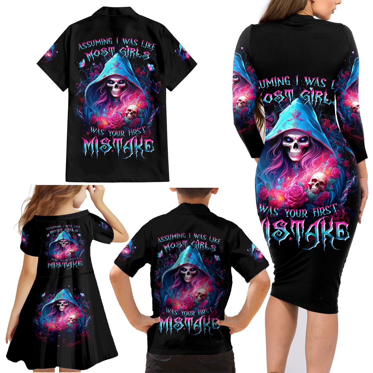 Witch Skull Family Matching Long Sleeve Bodycon Dress and Hawaiian Shirt Assuming Was Like Most Girls Was Your First Mistake - Wonder Print Shop