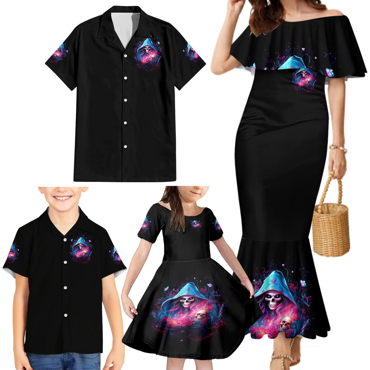 Witch Skull Family Matching Mermaid Dress and Hawaiian Shirt Assuming Was Like Most Girls Was Your First Mistake - Wonder Print Shop
