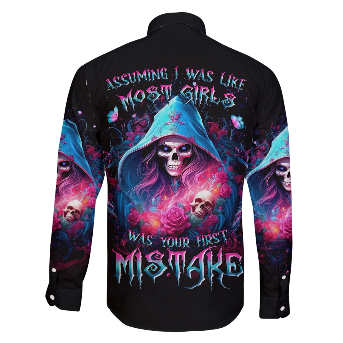 Witch Skull Family Matching Off Shoulder Long Sleeve Dress and Hawaiian Shirt Assuming Was Like Most Girls Was Your First Mistake - Wonder Print Shop