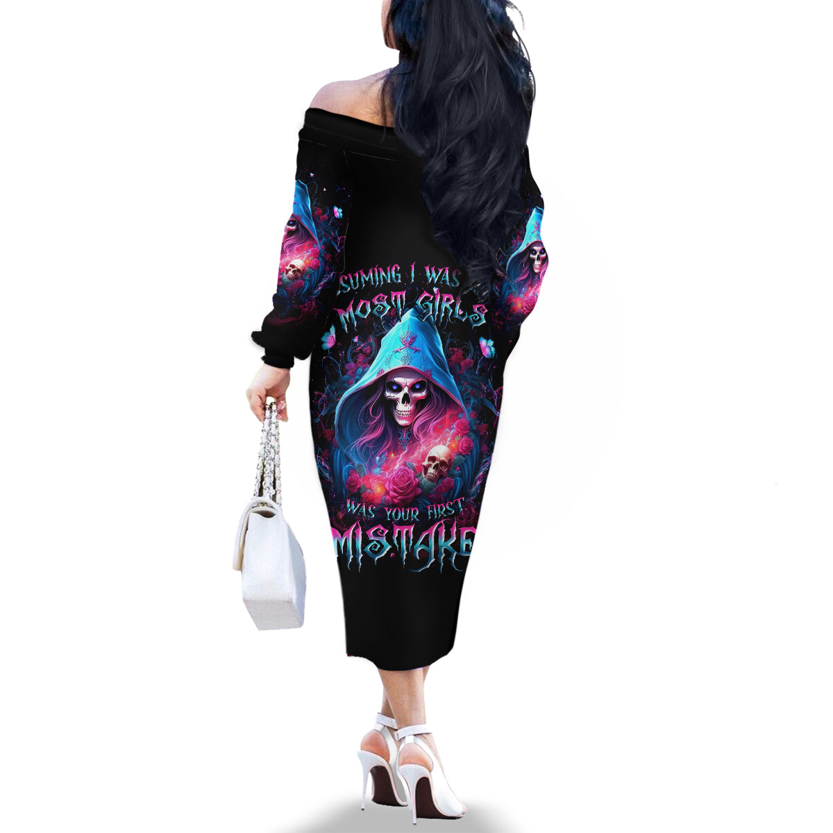 Witch Skull Family Matching Off Shoulder Long Sleeve Dress and Hawaiian Shirt Assuming Was Like Most Girls Was Your First Mistake - Wonder Print Shop