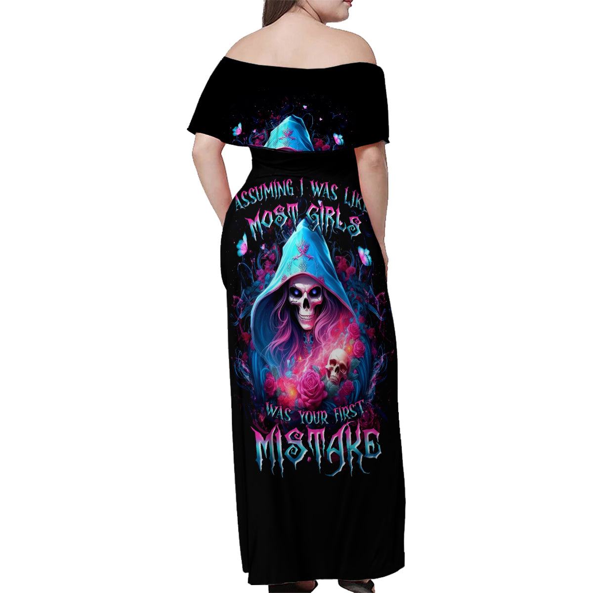 Witch Skull Family Matching Off Shoulder Maxi Dress and Hawaiian Shirt Assuming Was Like Most Girls Was Your First Mistake - Wonder Print Shop