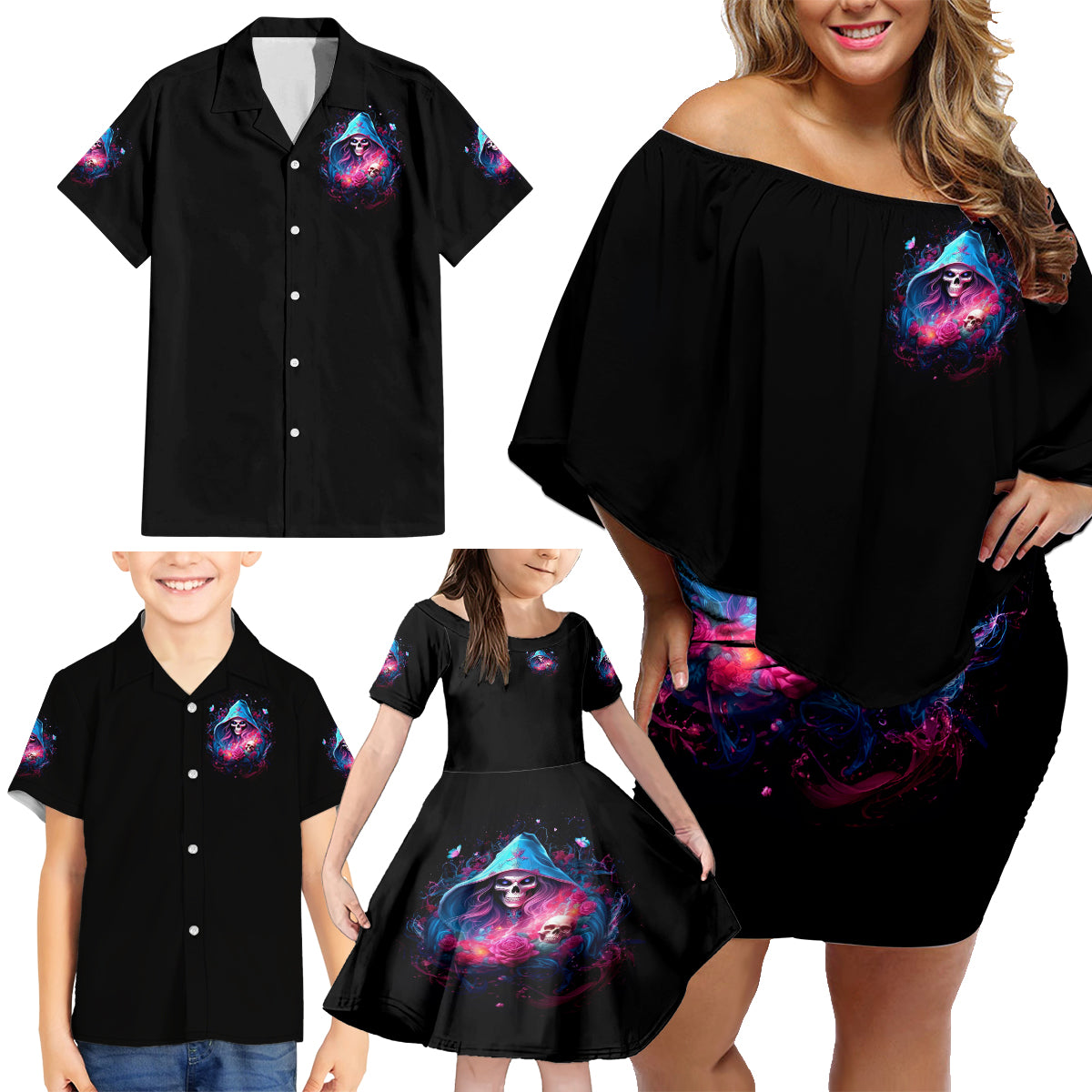 Witch Skull Family Matching Off Shoulder Short Dress and Hawaiian Shirt Assuming Was Like Most Girls Was Your First Mistake - Wonder Print Shop