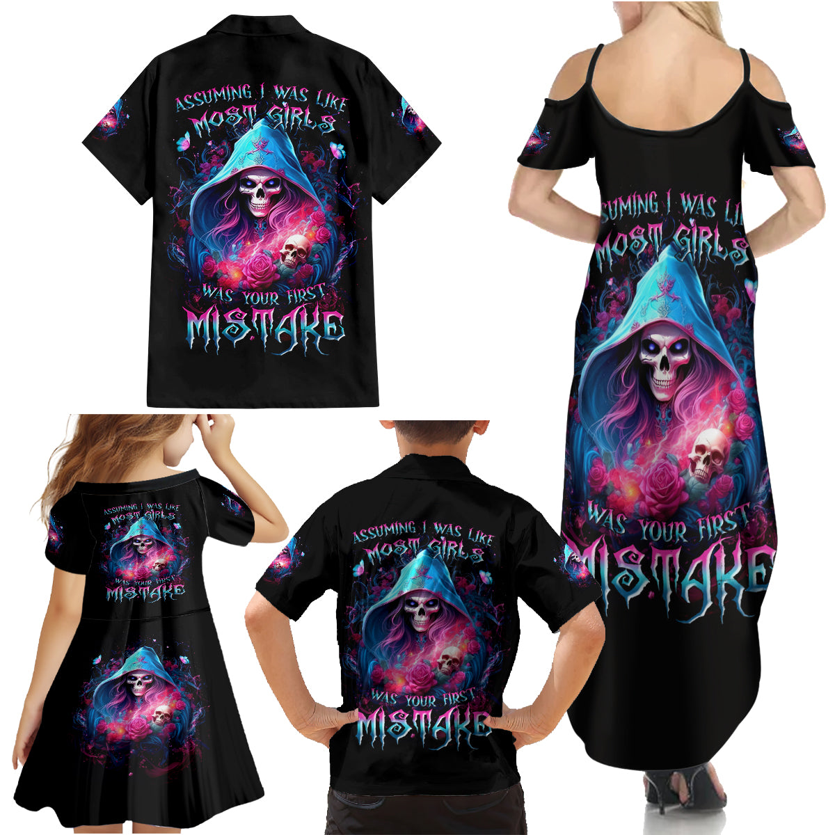 Witch Skull Family Matching Summer Maxi Dress and Hawaiian Shirt Assuming Was Like Most Girls Was Your First Mistake - Wonder Print Shop