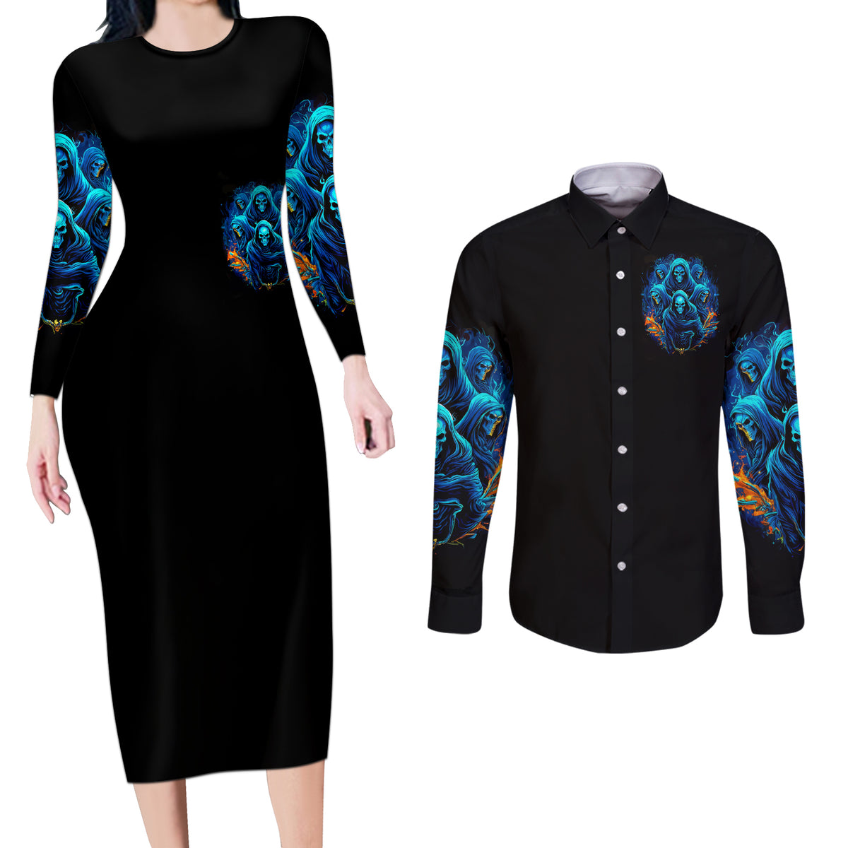Witch Skull Couples Matching Long Sleeve Bodycon Dress and Long Sleeve Button Shirt Stranger Think I'm Quiet My Best Friends Know I'm Crazy - Wonder Print Shop