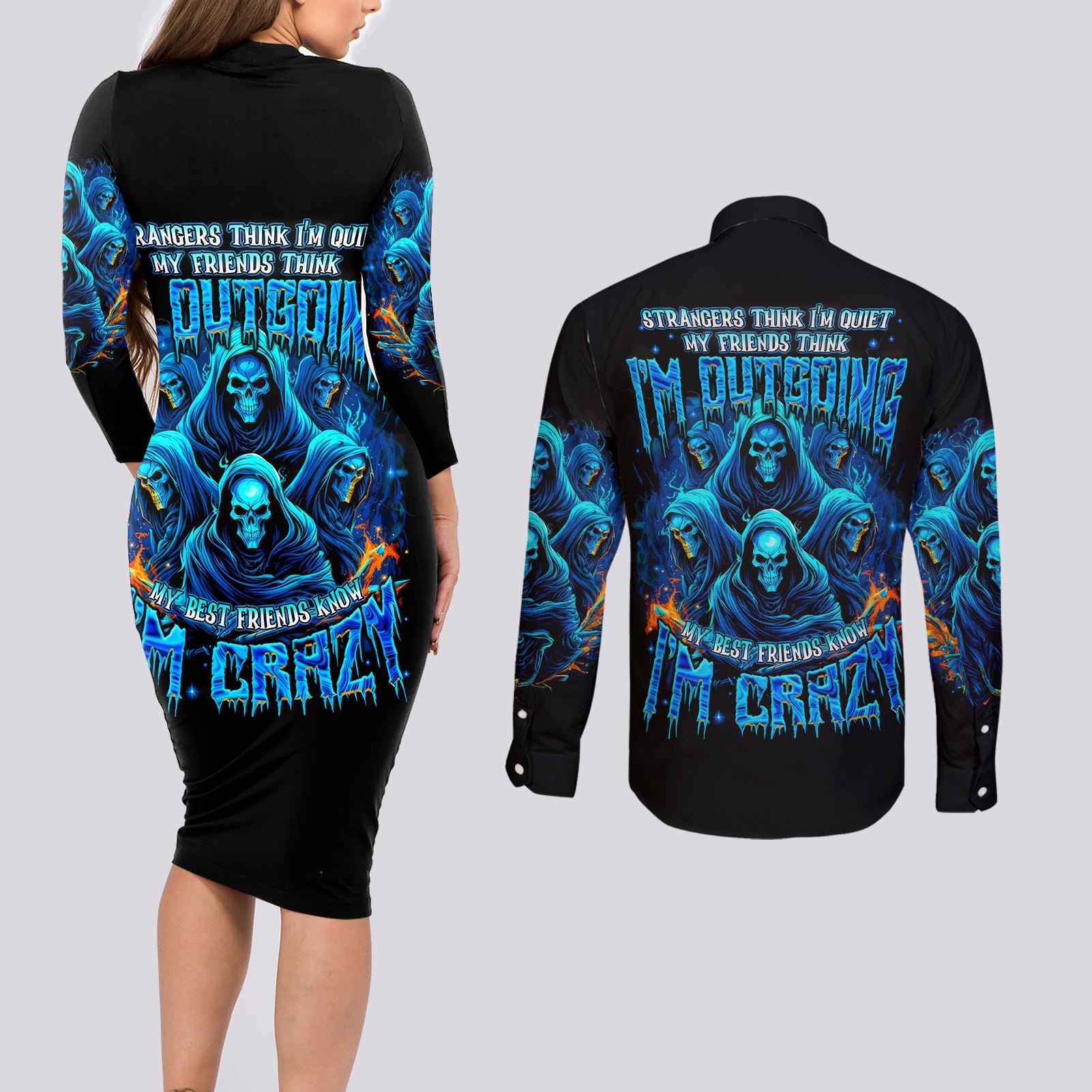 Witch Skull Couples Matching Long Sleeve Bodycon Dress and Long Sleeve Button Shirt Stranger Think I'm Quiet My Best Friends Know I'm Crazy - Wonder Print Shop