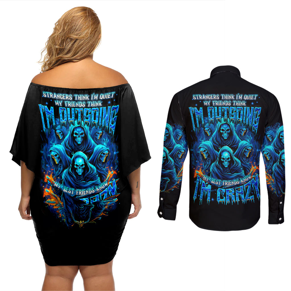 Witch Skull Couples Matching Off Shoulder Short Dress and Long Sleeve Button Shirt Stranger Think I'm Quiet My Best Friends Know I'm Crazy - Wonder Print Shop