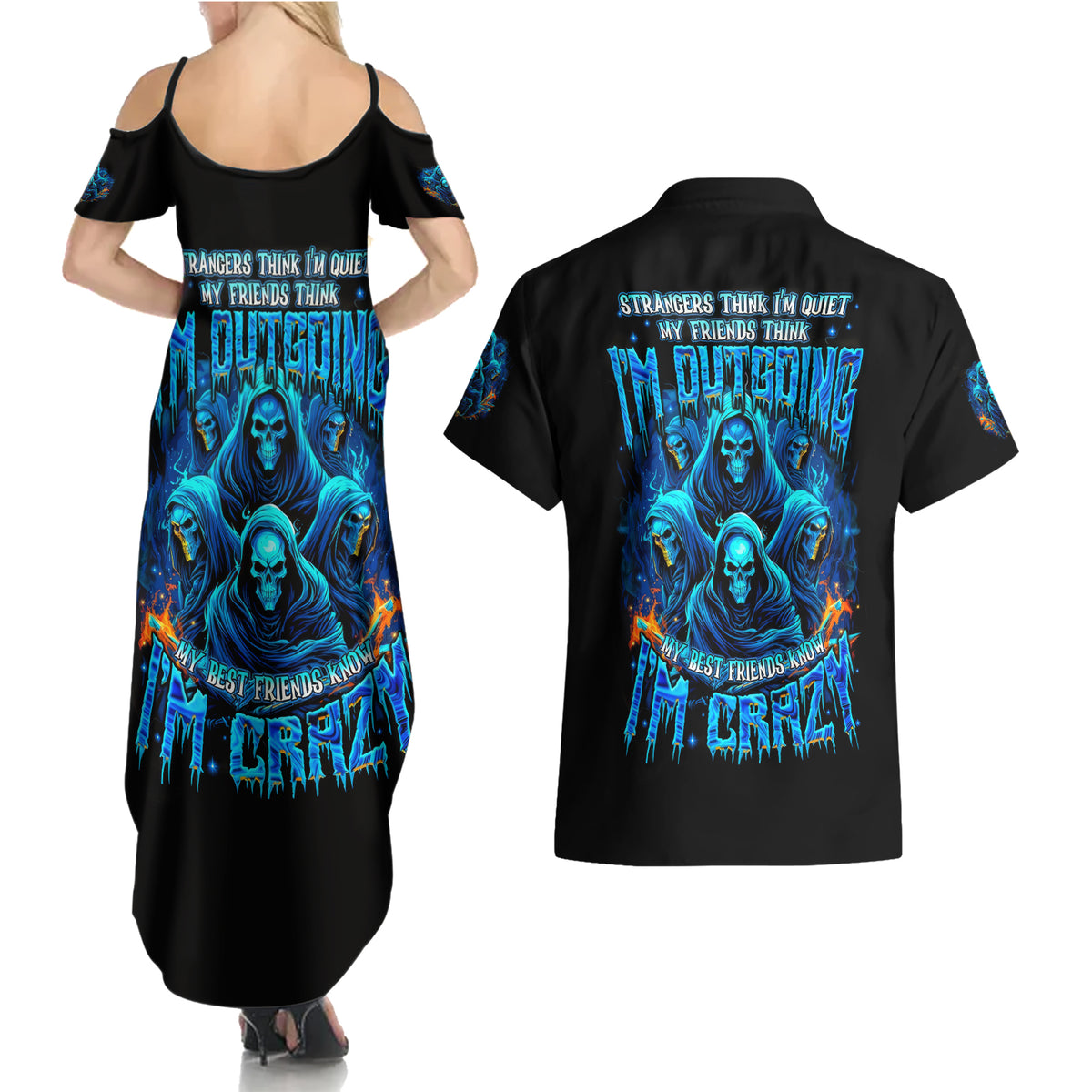 Witch Skull Couples Matching Summer Maxi Dress and Hawaiian Shirt Stranger Think I'm Quiet My Best Friends Know I'm Crazy - Wonder Print Shop