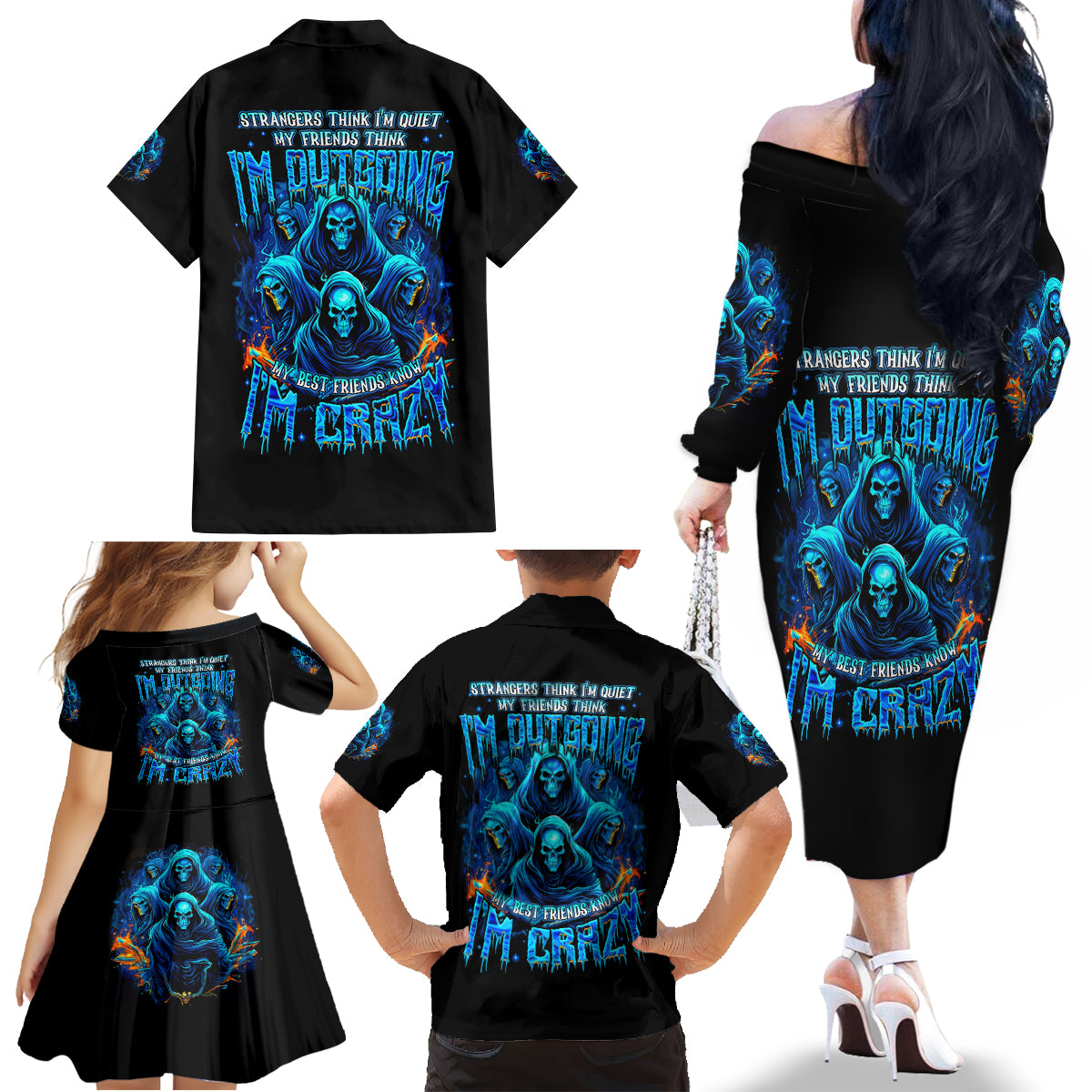 Witch Skull Family Matching Off Shoulder Long Sleeve Dress and Hawaiian Shirt Stranger Think I'm Quiet My Best Friends Know I'm Crazy - Wonder Print Shop