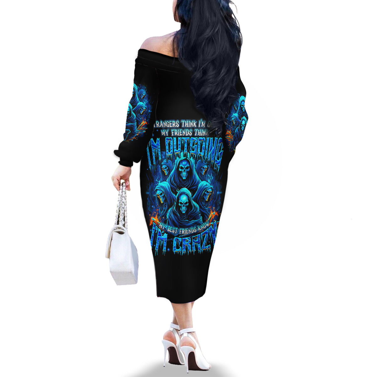 Witch Skull Family Matching Off Shoulder Long Sleeve Dress and Hawaiian Shirt Stranger Think I'm Quiet My Best Friends Know I'm Crazy - Wonder Print Shop