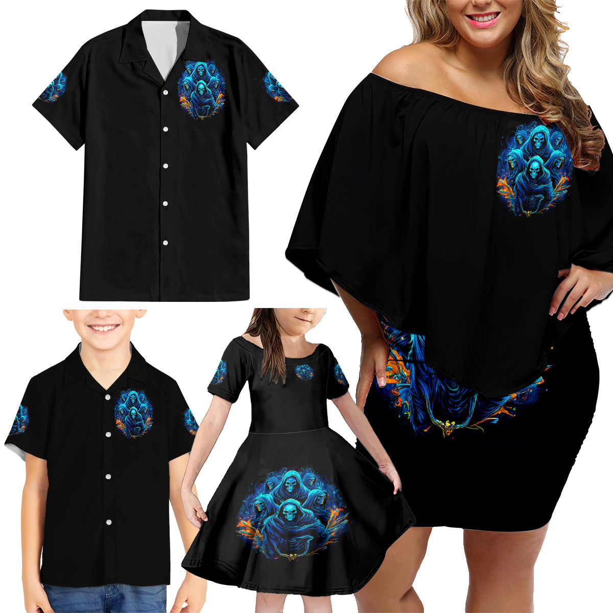 Witch Skull Family Matching Off Shoulder Short Dress and Hawaiian Shirt Stranger Think I'm Quiet My Best Friends Know I'm Crazy - Wonder Print Shop