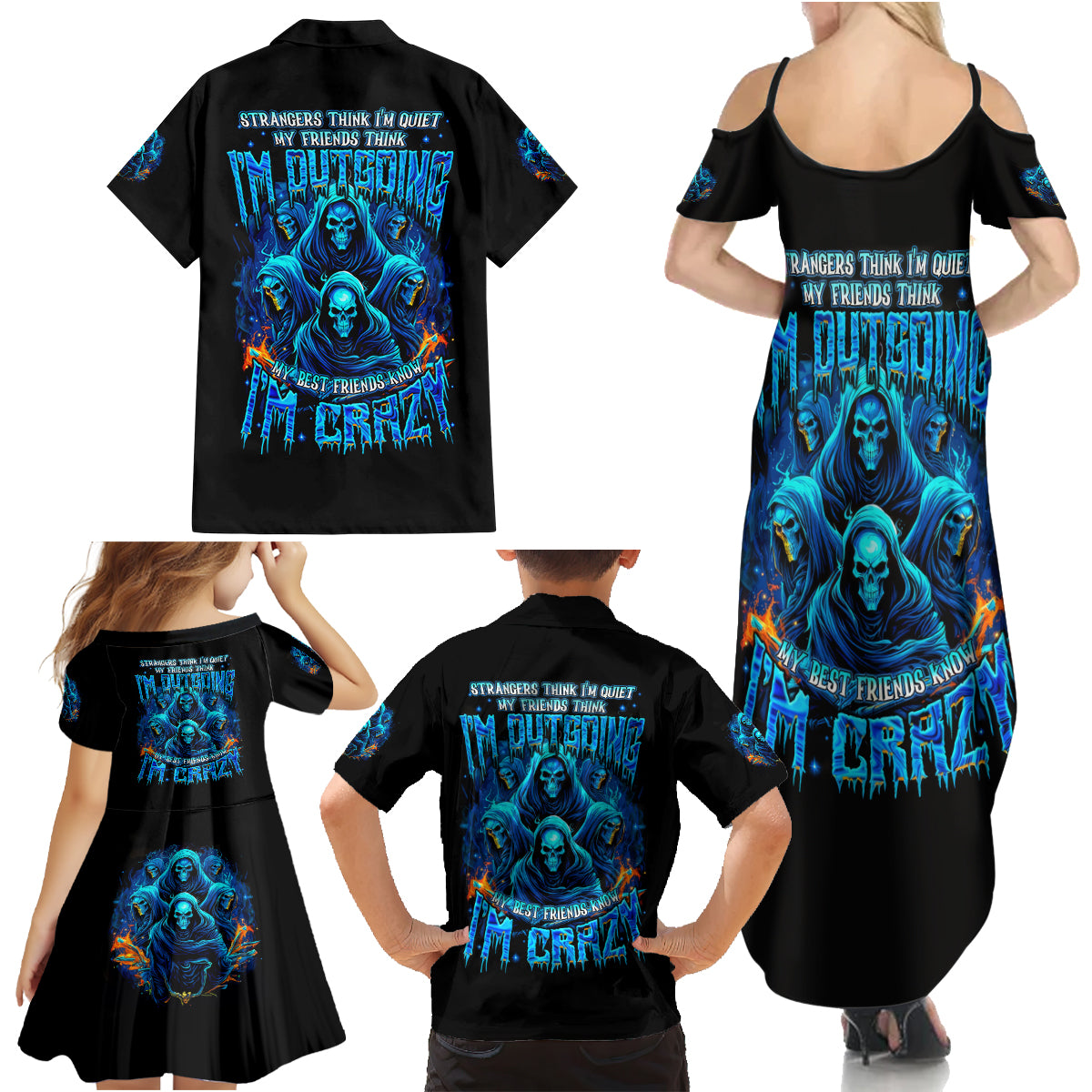 Witch Skull Family Matching Summer Maxi Dress and Hawaiian Shirt Stranger Think I'm Quiet My Best Friends Know I'm Crazy - Wonder Print Shop