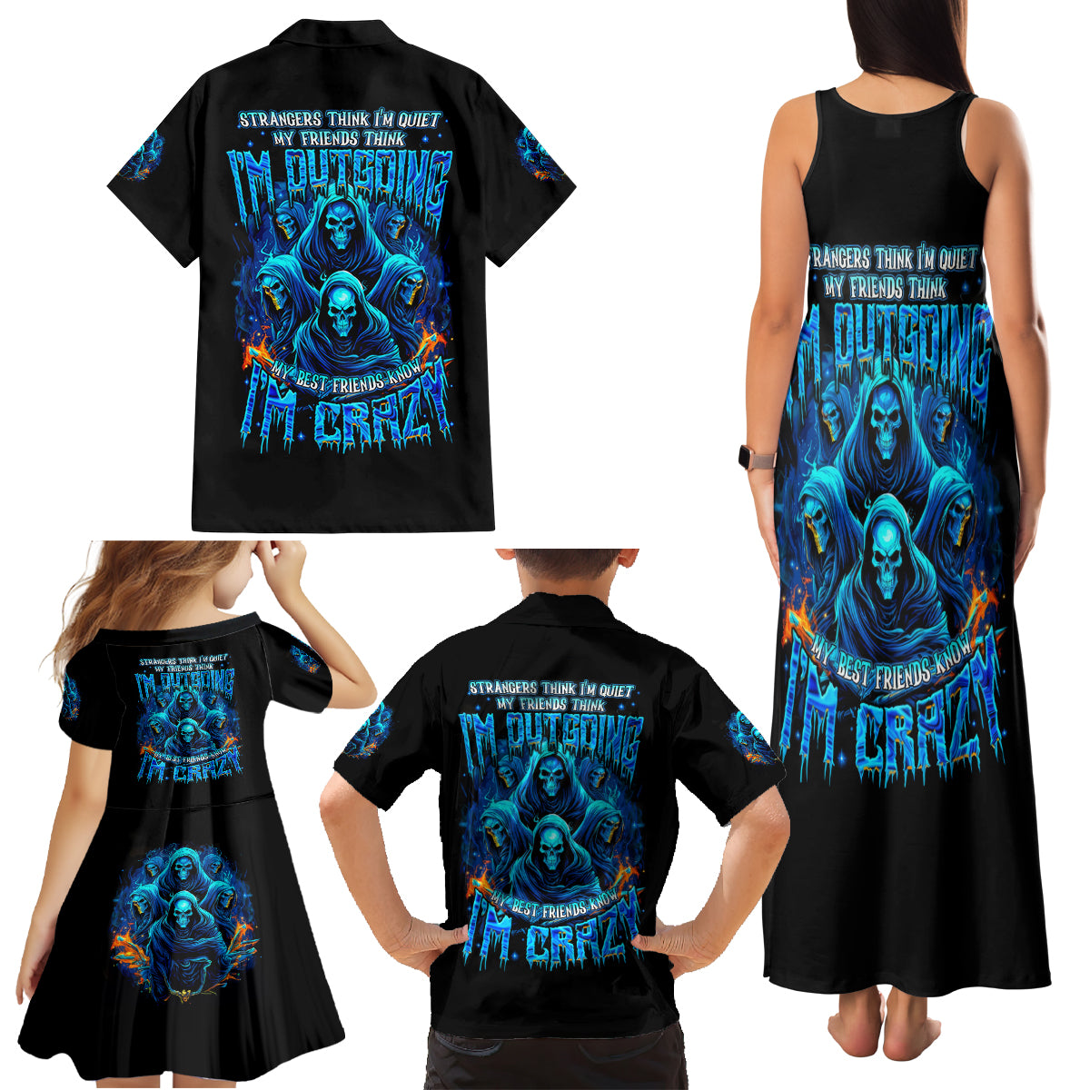 Witch Skull Family Matching Tank Maxi Dress and Hawaiian Shirt Stranger Think I'm Quiet My Best Friends Know I'm Crazy - Wonder Print Shop