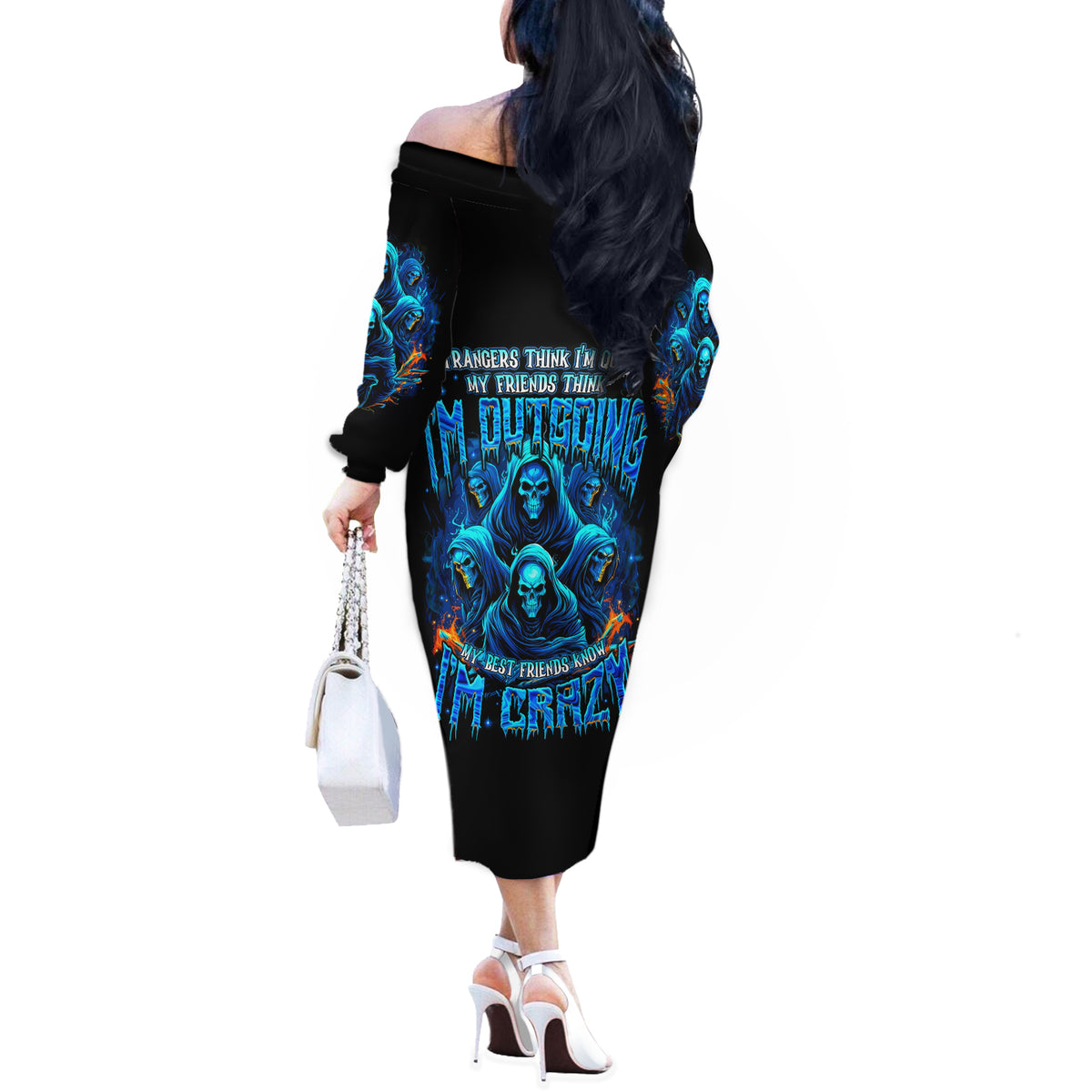 Witch Skull Off The Shoulder Long Sleeve Dress Stranger Think I'm Quiet My Best Friends Know I'm Crazy - Wonder Print Shop
