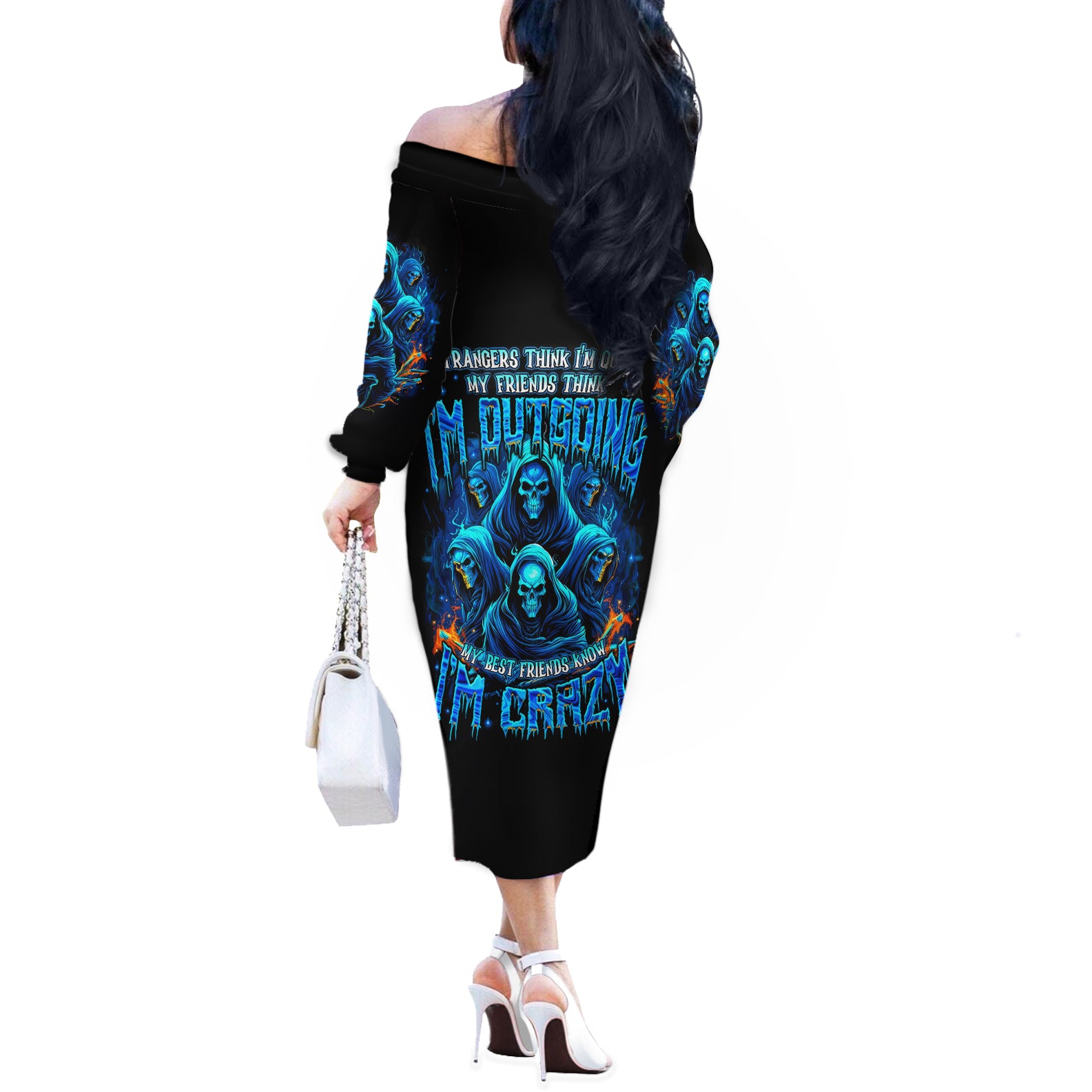 Witch Skull Off The Shoulder Long Sleeve Dress Stranger Think I'm Quiet My Best Friends Know I'm Crazy - Wonder Print Shop