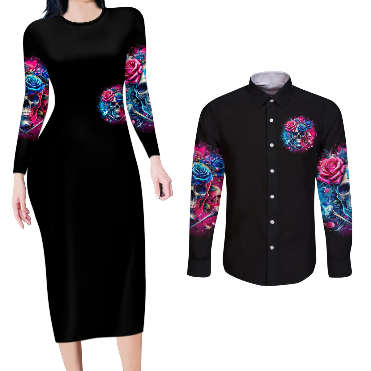 Rose SKull Couples Matching Long Sleeve Bodycon Dress and Long Sleeve Button Shirt Sorry Honey Sarcasm Falls Out Of My Mouth Just Like Stupid Fall From Your - Wonder Print Shop