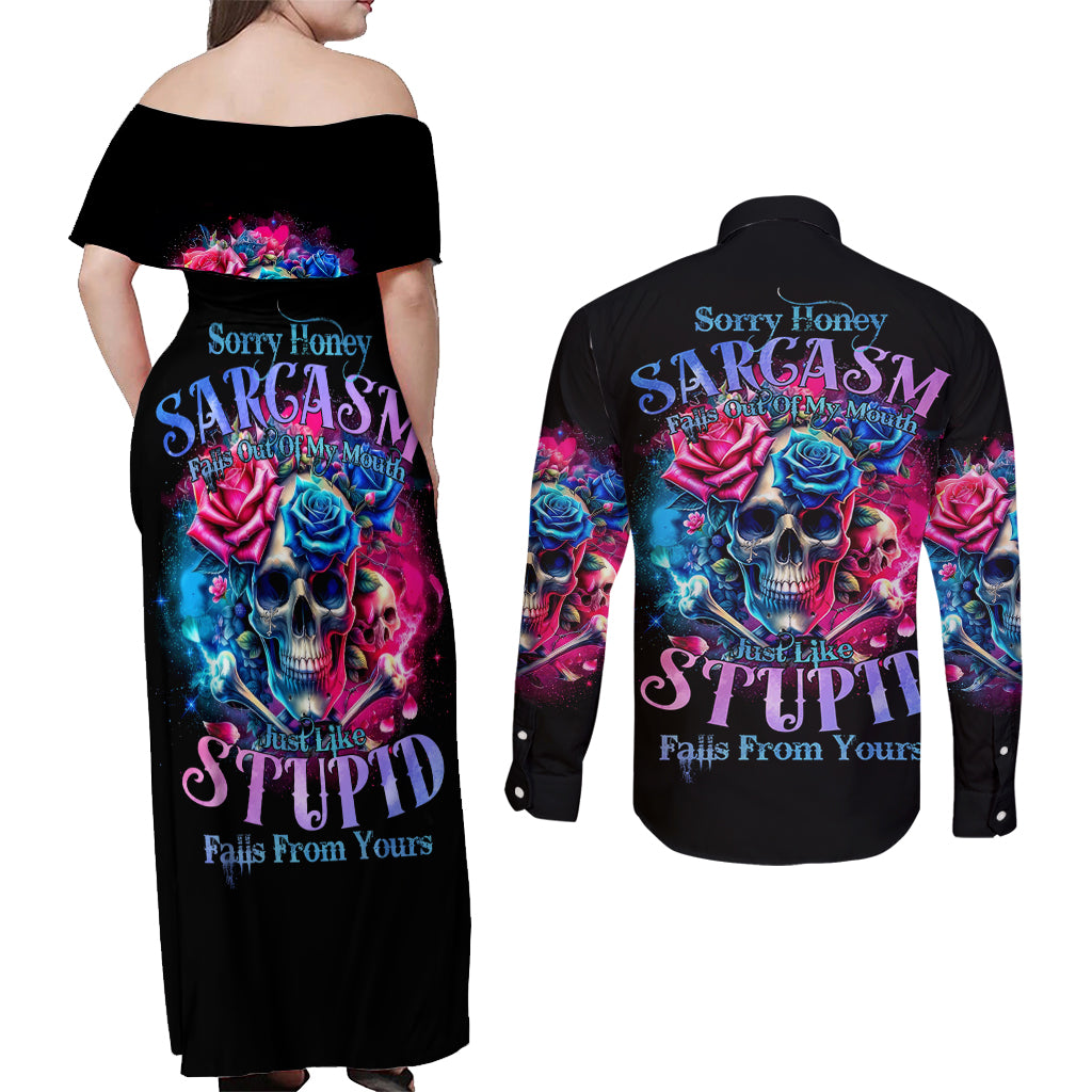 Rose SKull Couples Matching Off Shoulder Maxi Dress and Long Sleeve Button Shirt Sorry Honey Sarcasm Falls Out Of My Mouth Just Like Stupid Fall From Your - Wonder Print Shop