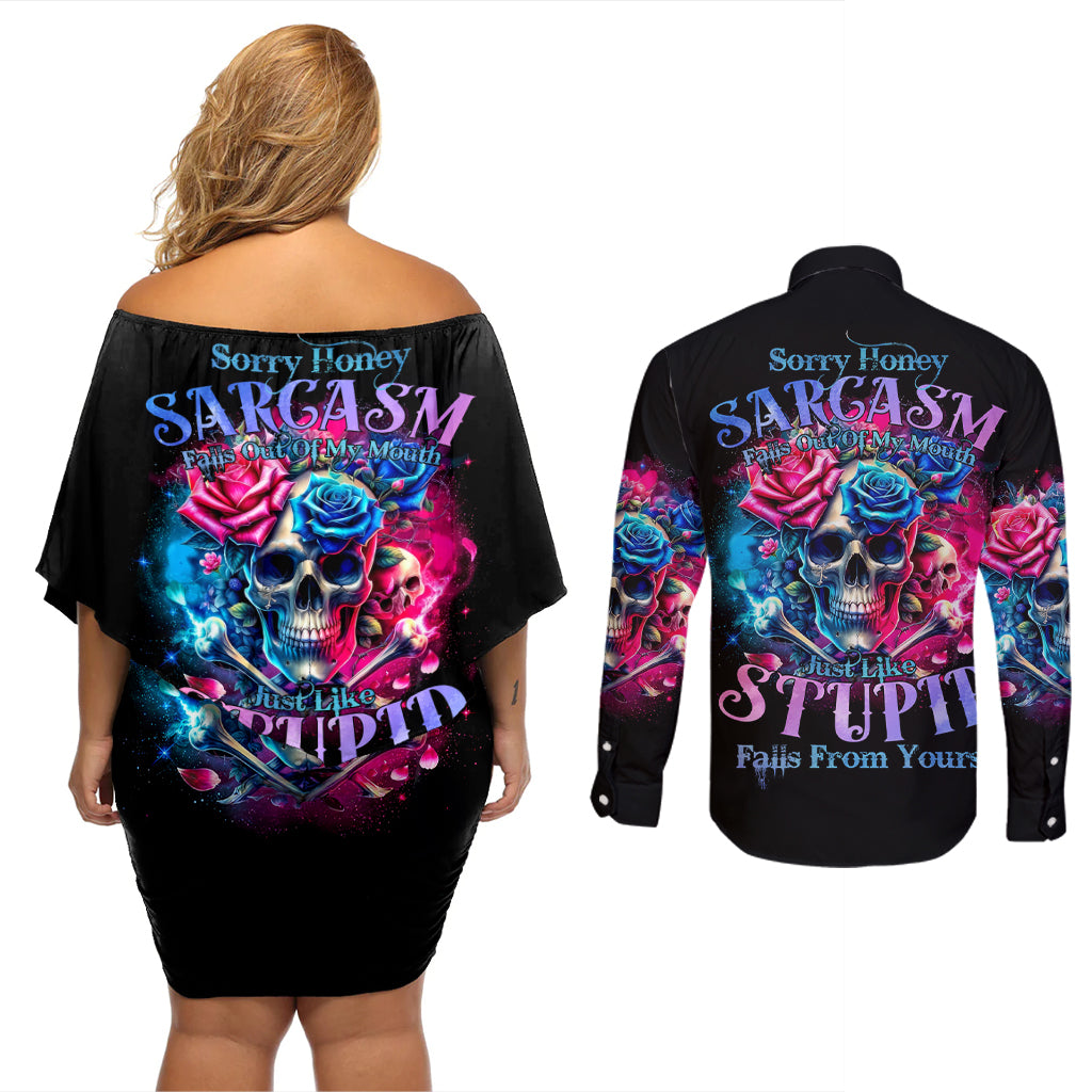 Rose SKull Couples Matching Off Shoulder Short Dress and Long Sleeve Button Shirt Sorry Honey Sarcasm Falls Out Of My Mouth Just Like Stupid Fall From Your - Wonder Print Shop