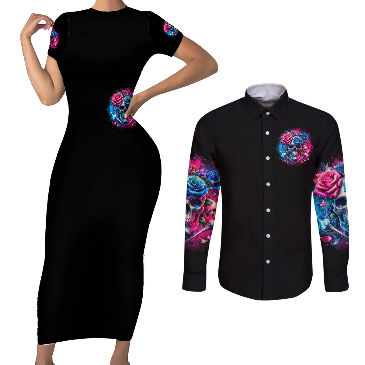 Rose SKull Couples Matching Short Sleeve Bodycon Dress and Long Sleeve Button Shirt Sorry Honey Sarcasm Falls Out Of My Mouth Just Like Stupid Fall From Your - Wonder Print Shop