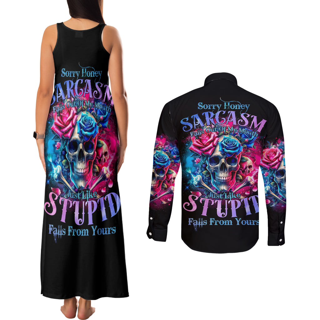 Rose SKull Couples Matching Tank Maxi Dress and Long Sleeve Button Shirt Sorry Honey Sarcasm Falls Out Of My Mouth Just Like Stupid Fall From Your - Wonder Print Shop