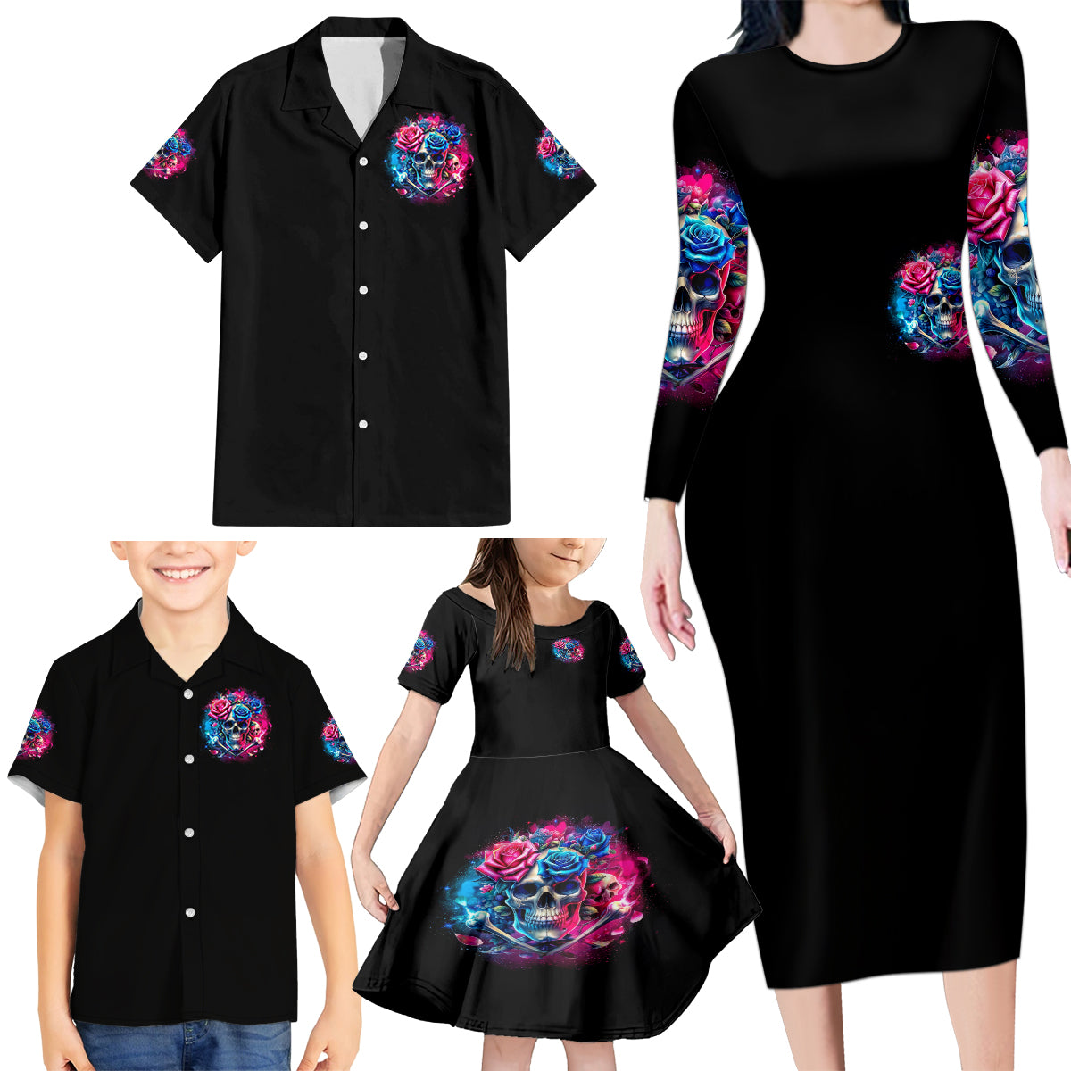 Rose SKull Family Matching Long Sleeve Bodycon Dress and Hawaiian Shirt Sorry Honey Sarcasm Falls Out Of My Mouth Just Like Stupid Fall From Your - Wonder Print Shop