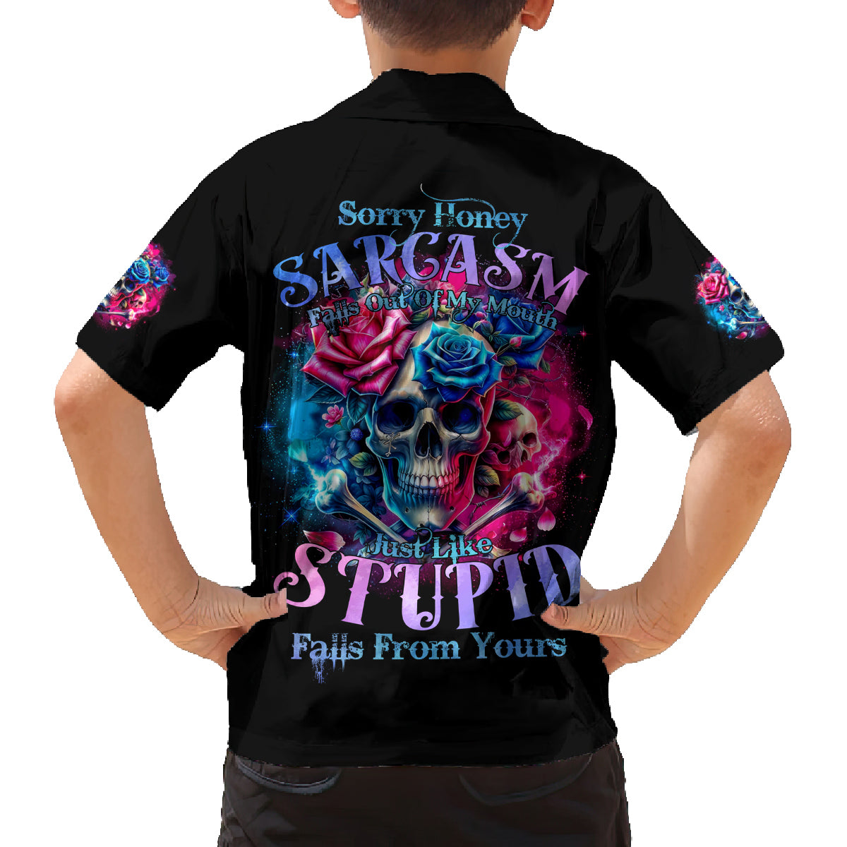 Rose SKull Family Matching Off Shoulder Long Sleeve Dress and Hawaiian Shirt Sorry Honey Sarcasm Falls Out Of My Mouth Just Like Stupid Fall From Your - Wonder Print Shop