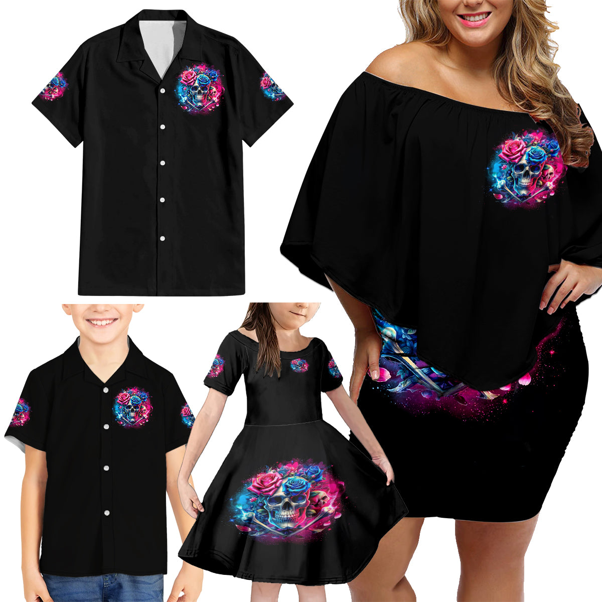 Rose SKull Family Matching Off Shoulder Short Dress and Hawaiian Shirt Sorry Honey Sarcasm Falls Out Of My Mouth Just Like Stupid Fall From Your - Wonder Print Shop