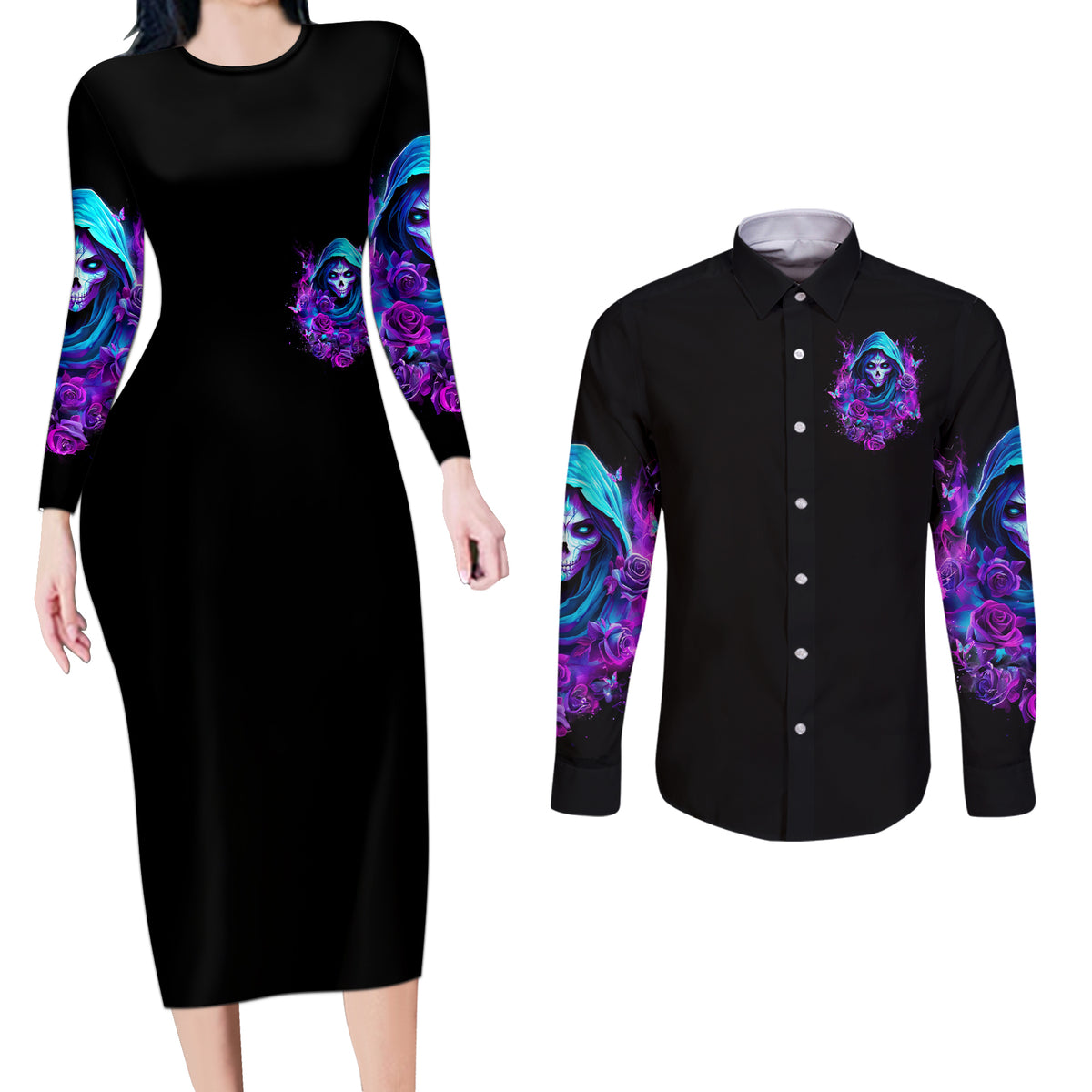 Witch Skull Couples Matching Long Sleeve Bodycon Dress and Long Sleeve Button Shirt I Hold A Beast An Angel And Crazy Lady In Me - Wonder Print Shop