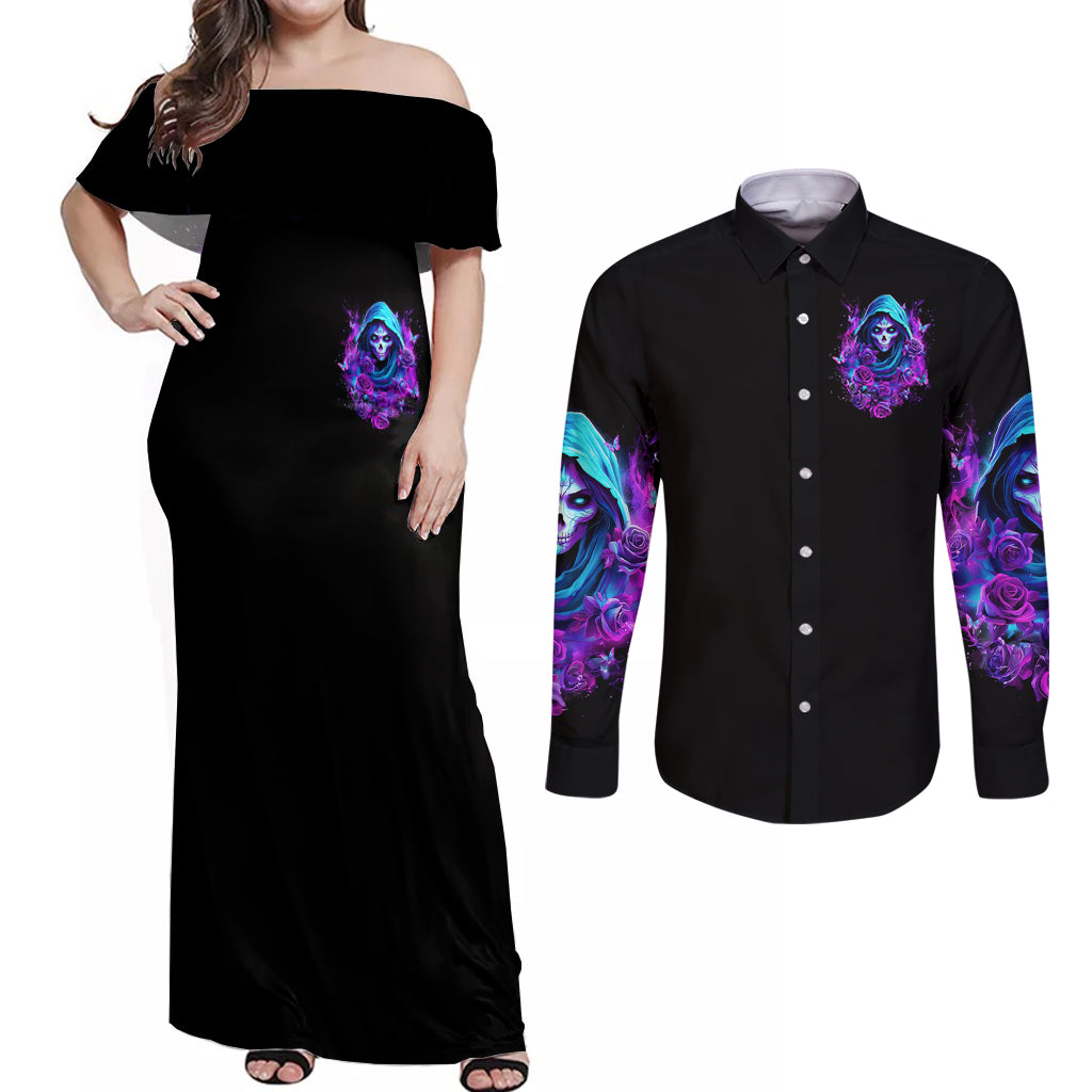 Witch Skull Couples Matching Off Shoulder Maxi Dress and Long Sleeve Button Shirt I Hold A Beast An Angel And Crazy Lady In Me - Wonder Print Shop