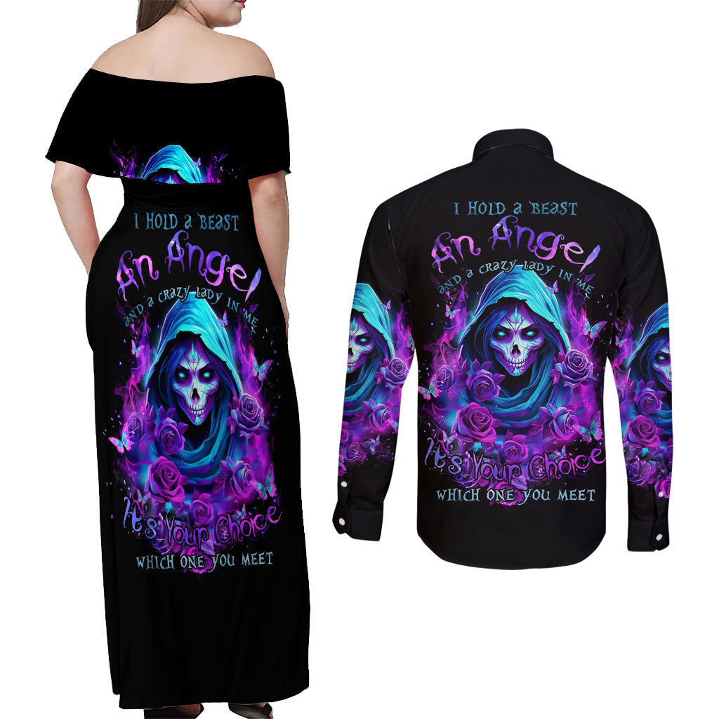 Witch Skull Couples Matching Off Shoulder Maxi Dress and Long Sleeve Button Shirt I Hold A Beast An Angel And Crazy Lady In Me - Wonder Print Shop