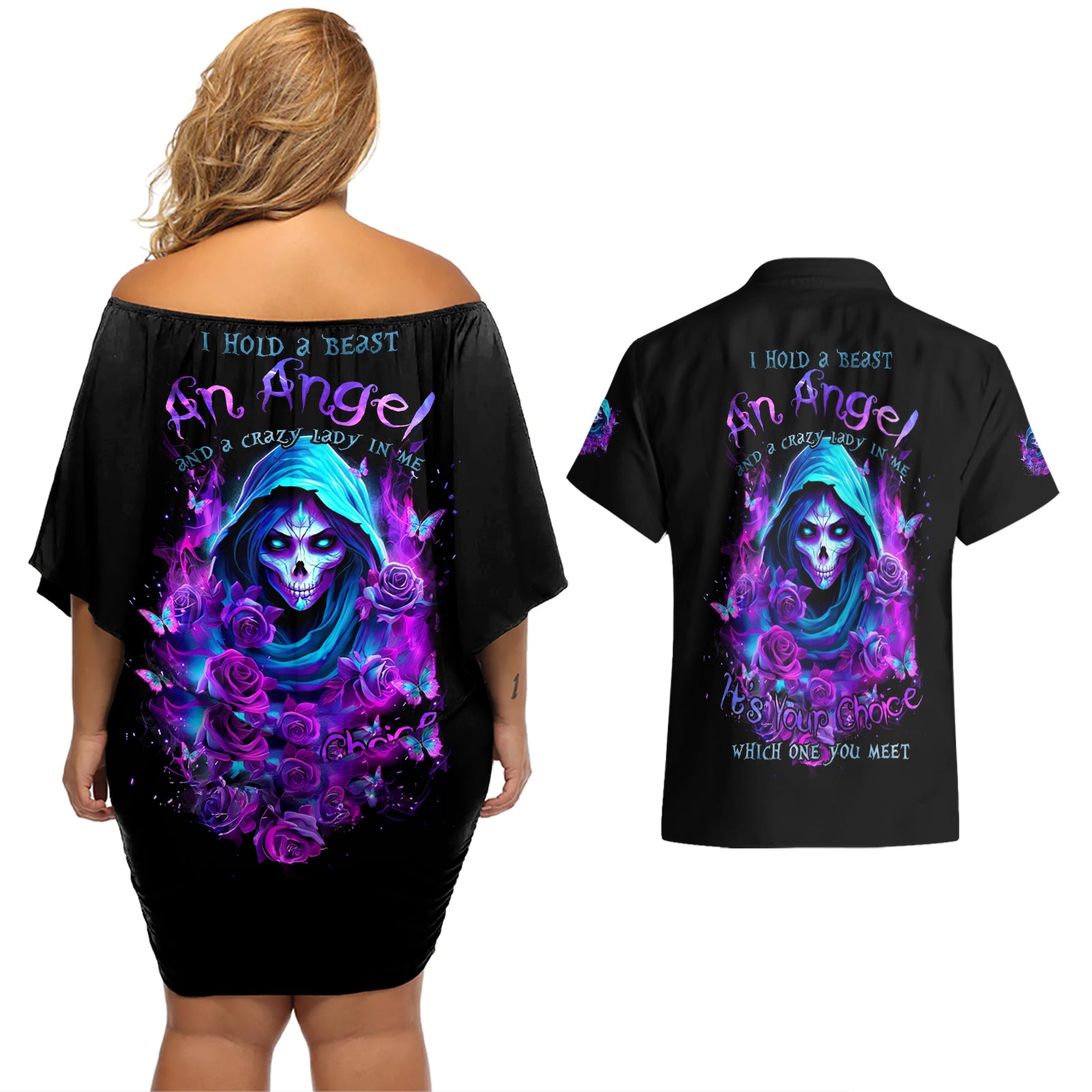 Witch Skull Couples Matching Off Shoulder Short Dress and Hawaiian Shirt I Hold A Beast An Angel And Crazy Lady In Me - Wonder Print Shop