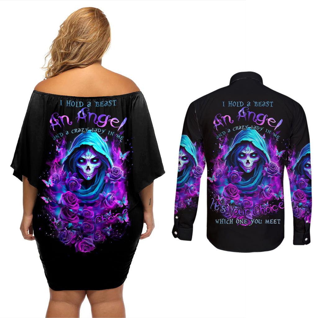 Witch Skull Couples Matching Off Shoulder Short Dress and Long Sleeve Button Shirt I Hold A Beast An Angel And Crazy Lady In Me - Wonder Print Shop