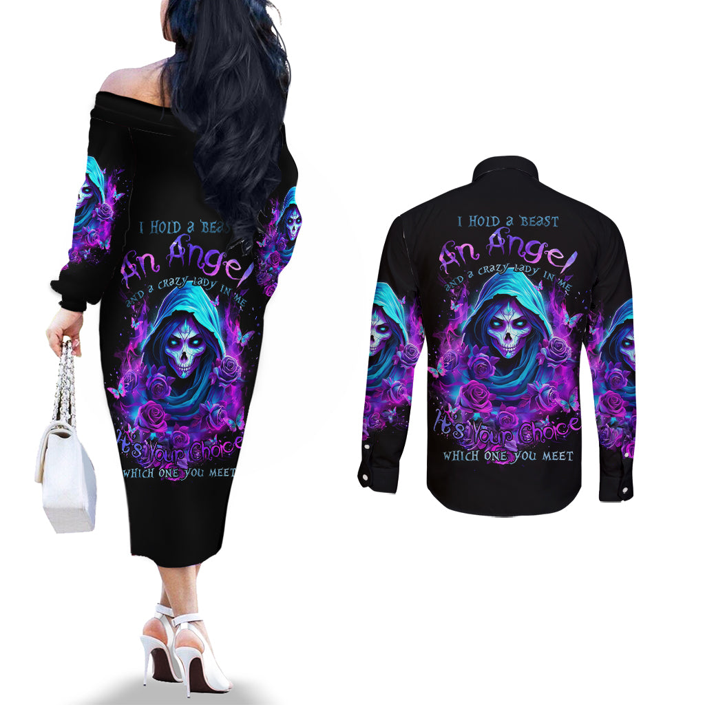 Witch Skull Couples Matching Off The Shoulder Long Sleeve Dress and Long Sleeve Button Shirt I Hold A Beast An Angel And Crazy Lady In Me