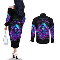 Witch Skull Couples Matching Off The Shoulder Long Sleeve Dress and Long Sleeve Button Shirt I Hold A Beast An Angel And Crazy Lady In Me