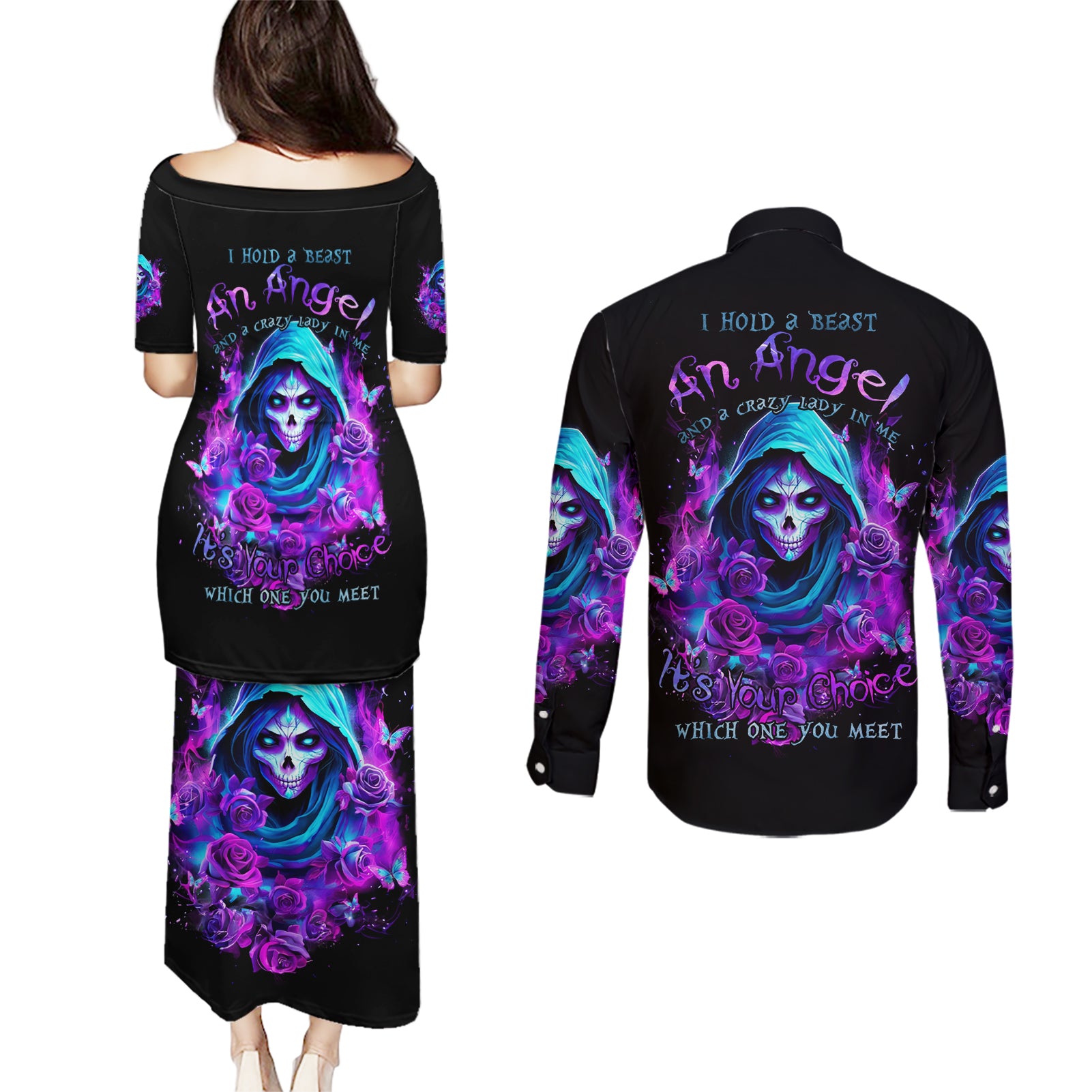 Witch Skull Couples Matching Puletasi and Long Sleeve Button Shirt I Hold A Beast An Angel And Crazy Lady In Me - Wonder Print Shop