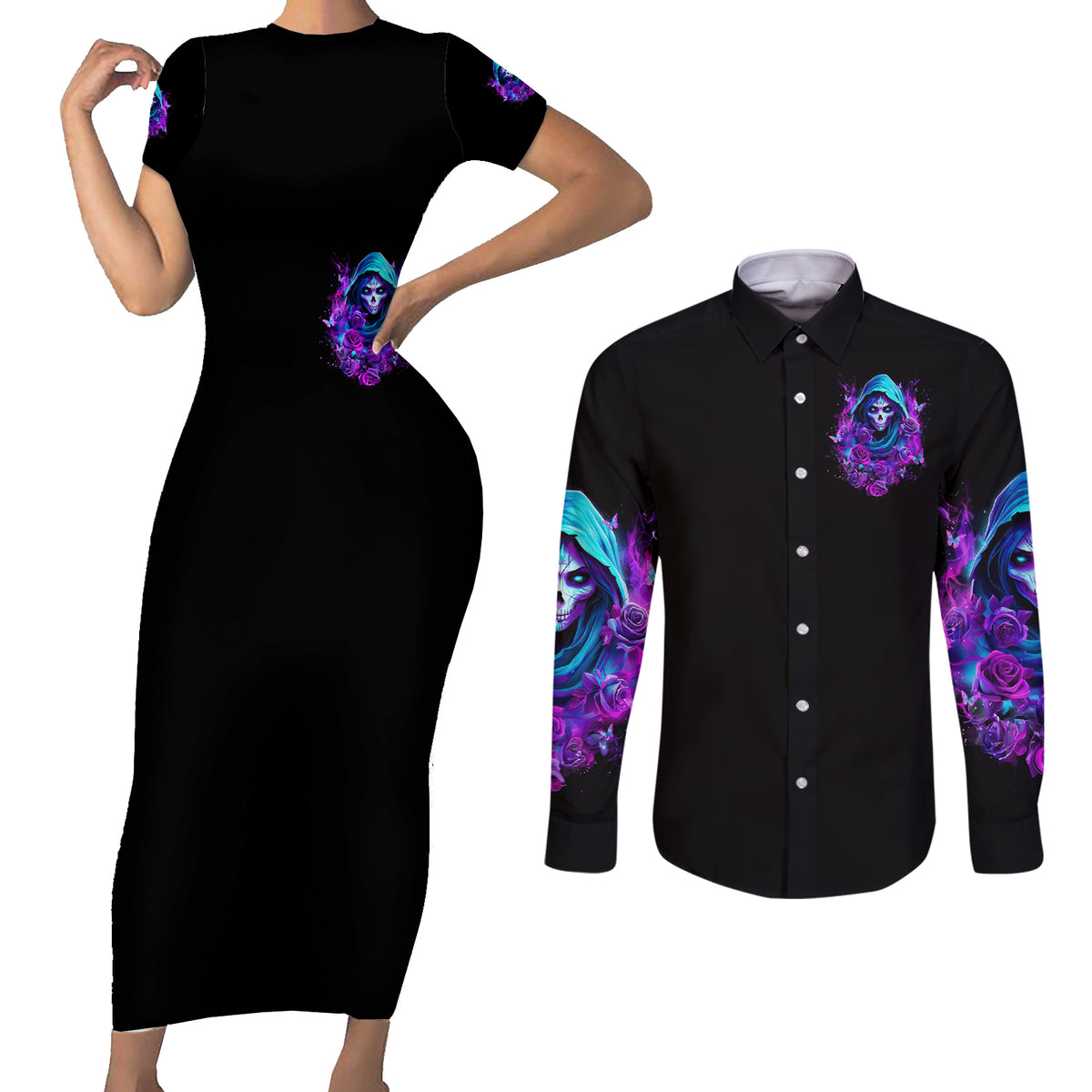 Witch Skull Couples Matching Short Sleeve Bodycon Dress and Long Sleeve Button Shirt I Hold A Beast An Angel And Crazy Lady In Me - Wonder Print Shop