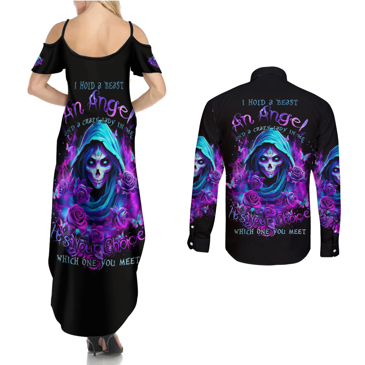 Witch Skull Couples Matching Summer Maxi Dress and Long Sleeve Button Shirt I Hold A Beast An Angel And Crazy Lady In Me - Wonder Print Shop